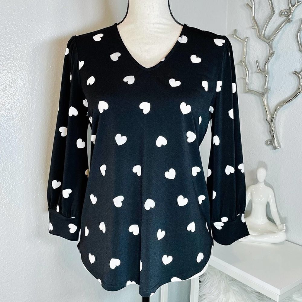 Adrianna Papell Black Heart Pattern Blouse Long Sleeve Small